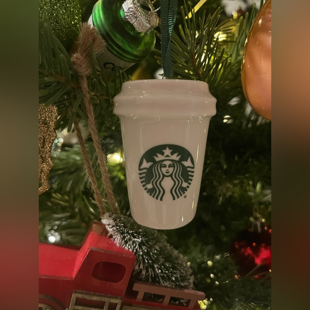 Starbucks 2015 Christmas Ornament - White Ceramic Go Cup Green Mermaid Coffee